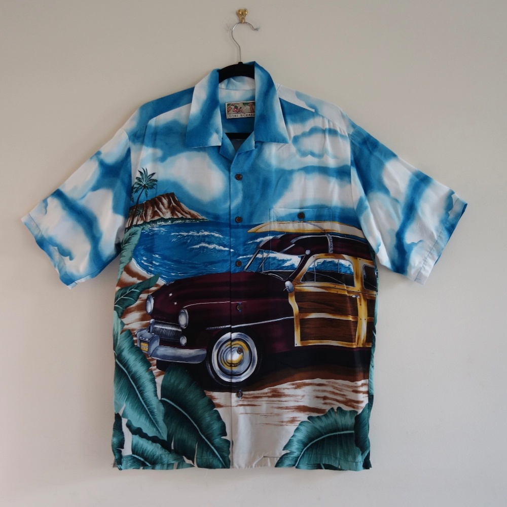 Tori Richard Shirt Mens M Studebaker Woody Car Surfboard Hawaiian Resort Button